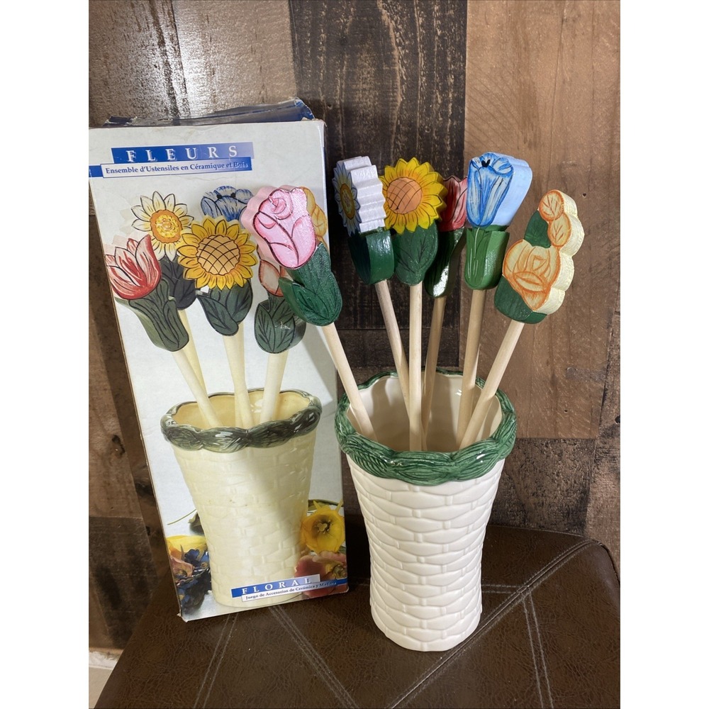 Wooden Cooking‎ Utensil 6 Hand Painted Flower Handle Ceramic Basket Tool Holder